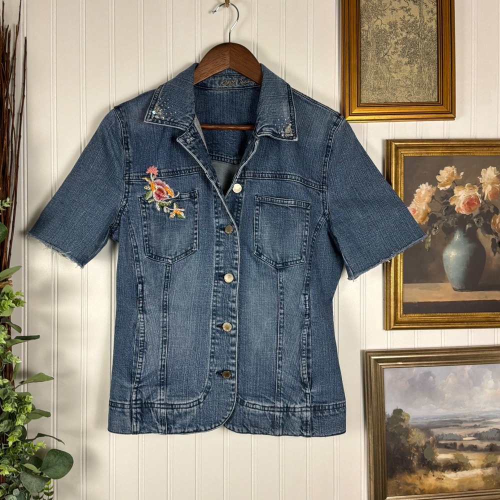 Kikit Jeans Denim Top Womens Medium Blue Excellent Floral Embroidered Sequin